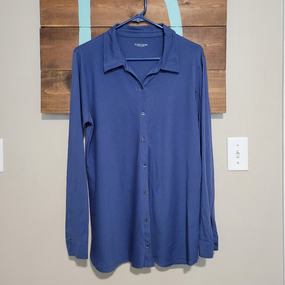 Eileen Fisher Blue Classic Collar Easy Minimalist Lightweight Cotton Shirt Large